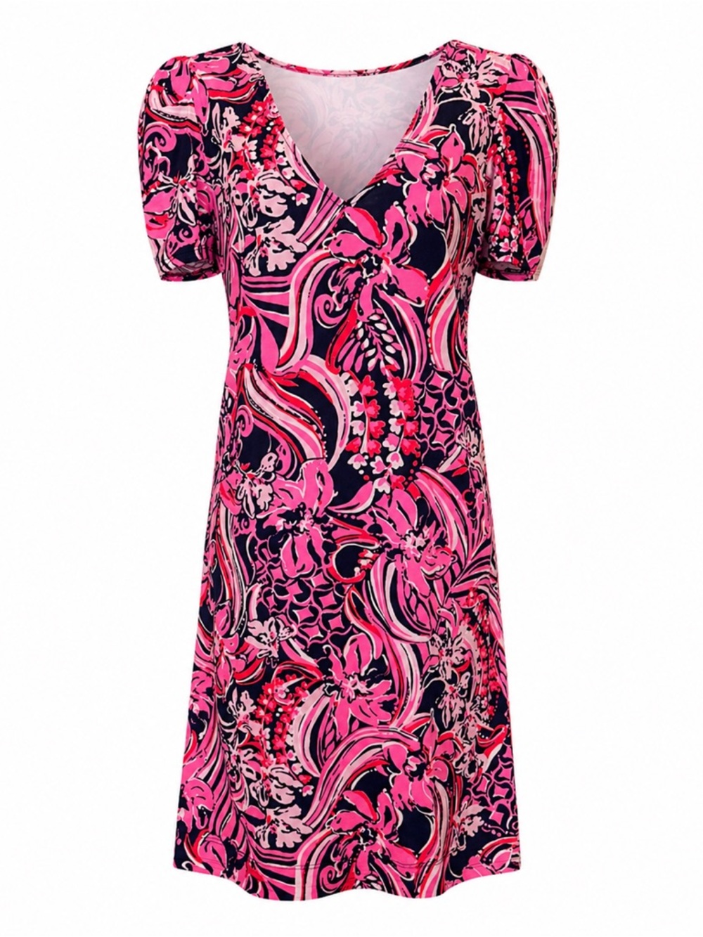 Lilly Pulitzer Pink and Navy A-Line Dress with Puff Sleeves